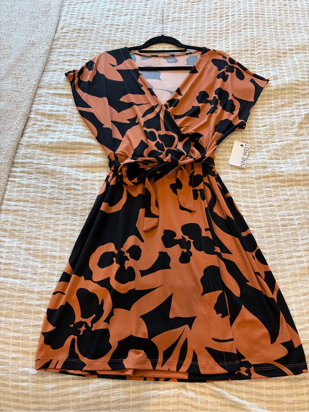 Nine West Black and Rust Floral Faux-Wrap Dress
